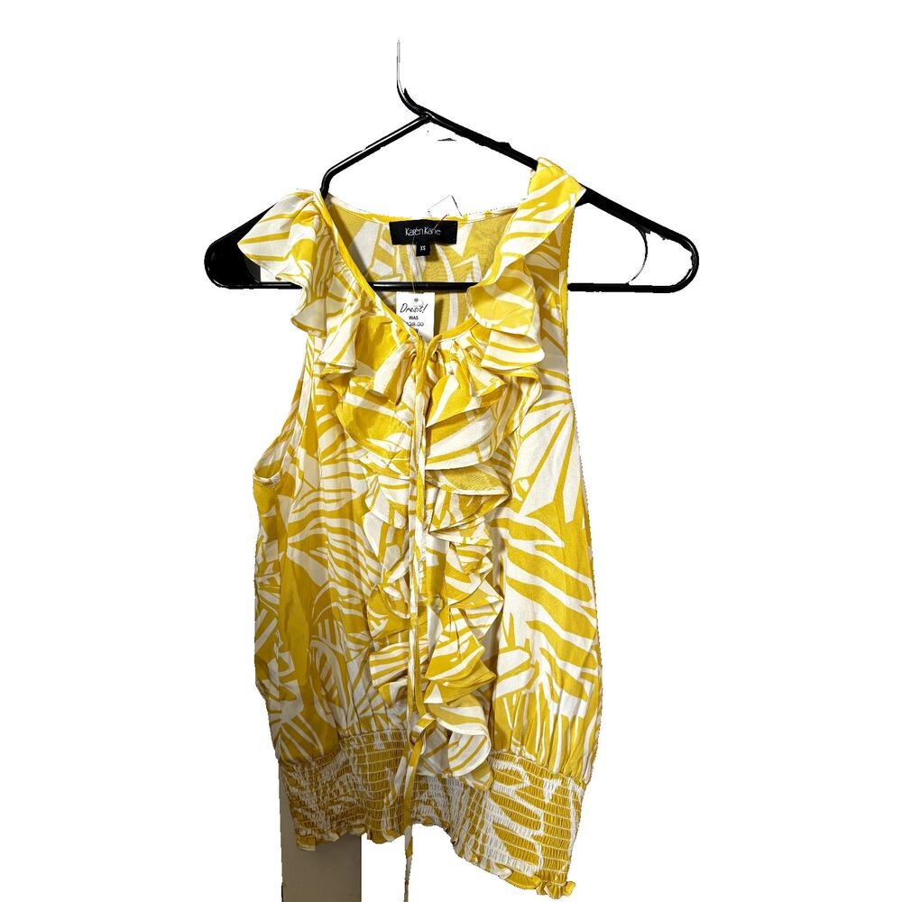 Karen Kane Yellow White Tropical Palm Leaf Ruffle silk Smocked Blouse XS‎ New